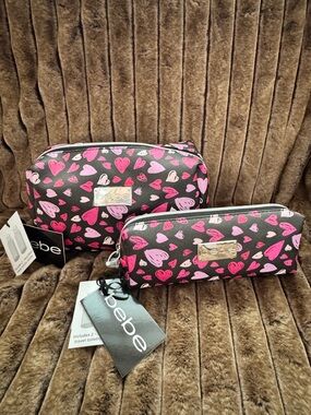 NWT bebe Black Cosmetic Bag Set with Pink Heart Print